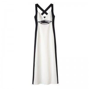 Dámské Šaty Longchamp Long with belt patch Crepe Bílé Černé | CZ SG7841